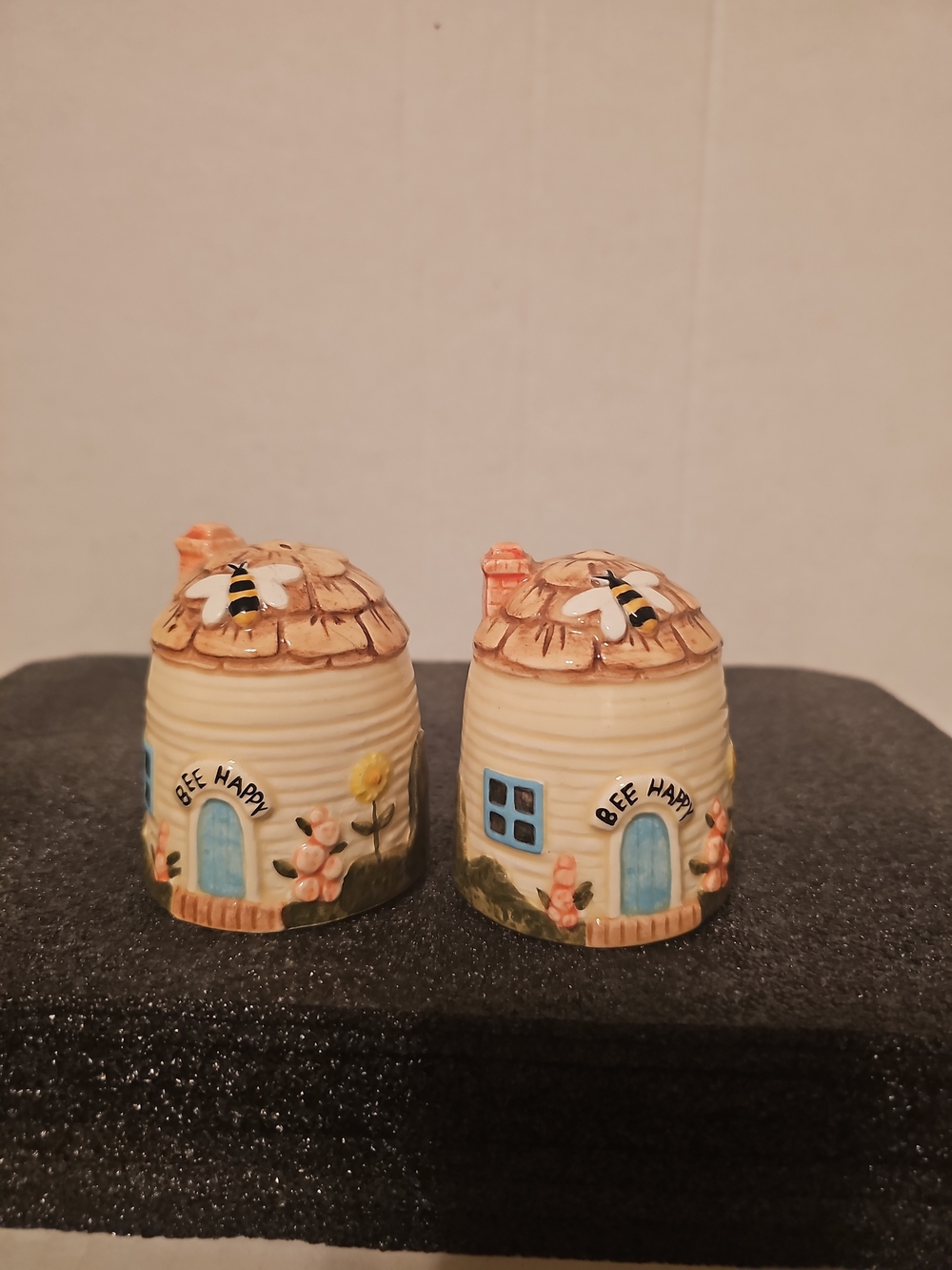 Bee Happy Ceramic Beehive Salt and Pepper Shakers - Cream and Blue